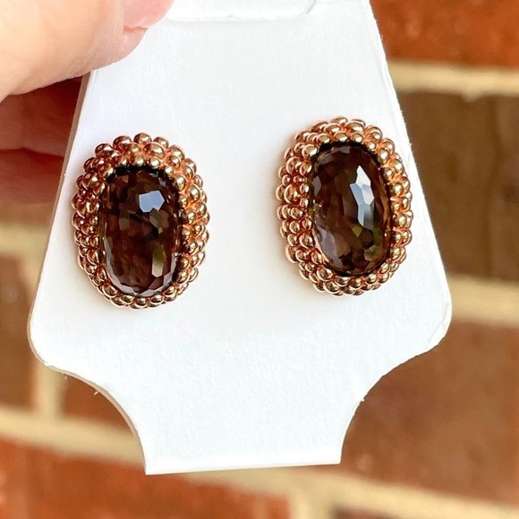 Oval Smoky Quartz set in Gold over 925 Sterling silver Earrings - Picture 3 of 7